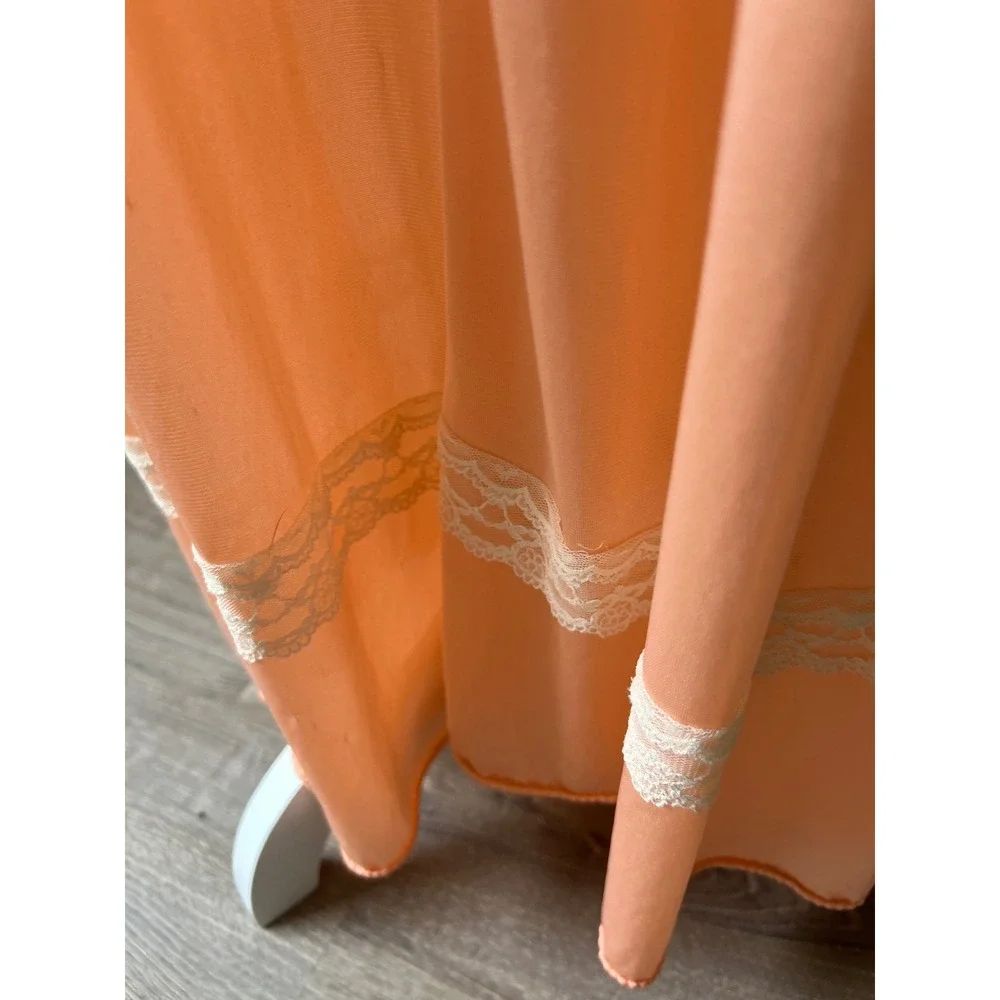 Vintage Peach Ruffle Neck Lace Hem Maxi Nightgown Sleepwear Peach Short Sleeve